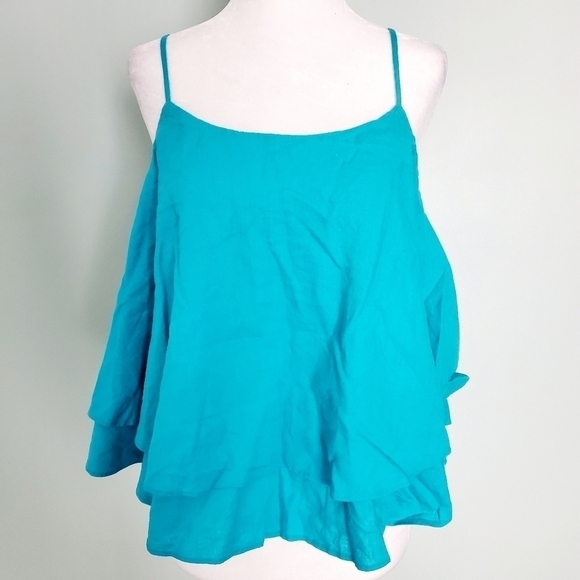 NEW BP Blue Linen Ruffled Top - Picture 1 of 4